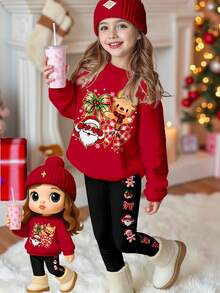 SHEIN Bộ đồ thể thao Happikins màu đỏ tía, họa tiết ông già Noel, tuần lộc hoạt hình dễ thương, nơ xinh xắn và bông tuyết, gồm áo nỉ dài tay cổ tròn và quần legging, thích hợp cho bé gái mặc hàng ngày vào mùa thu/đông, dịp năm mới, phong cách đường phố và các dịp lễ hội. - Nhiều màu - Xem 1