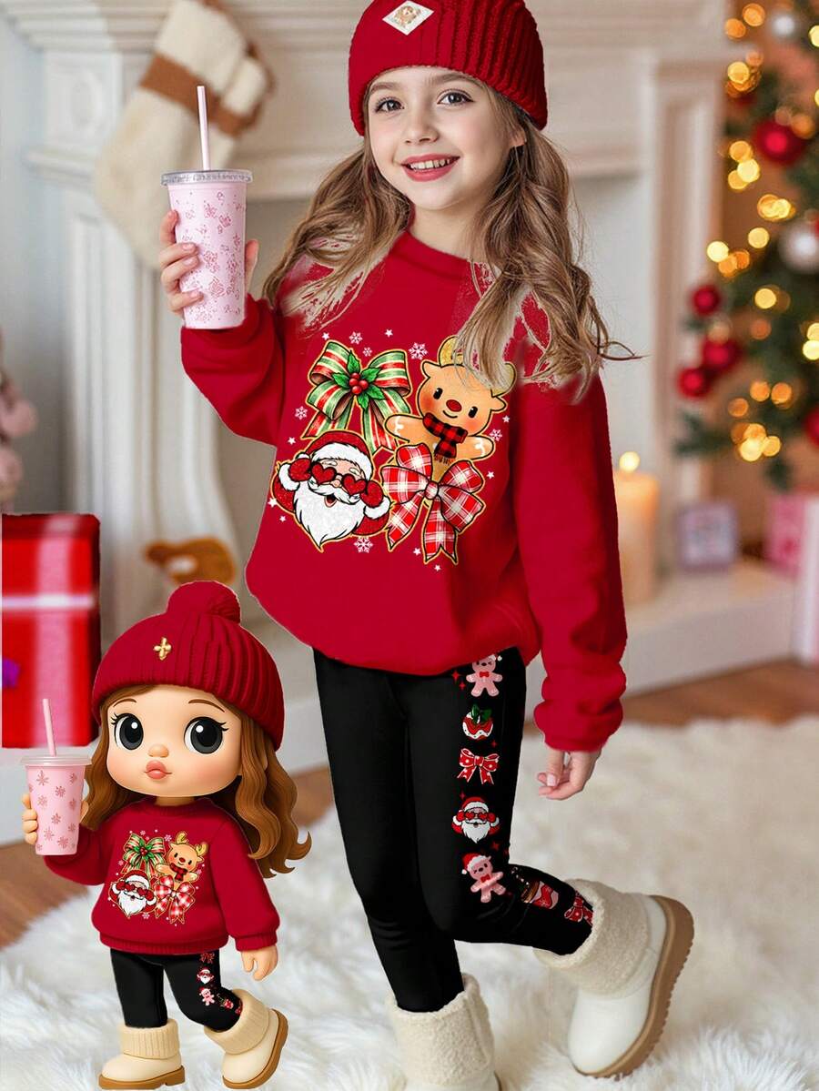 SHEIN Bộ đồ thể thao Happikins màu đỏ tía, họa tiết ông già Noel, tuần lộc hoạt hình dễ thương, nơ xinh xắn và bông tuyết, gồm áo nỉ dài tay cổ tròn và quần legging, thích hợp cho bé gái mặc hàng ngày vào mùa thu/đông, dịp năm mới, phong cách đường phố và các dịp lễ hội. - Nhiều màu - Xem 1