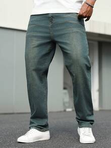 Manfinity Homme Plus Size Men's Casual Washed Slant Pocket Denim Jeans, Autumn