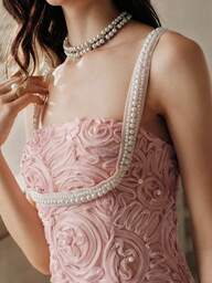 Anewsta Savoree Beige Women's Elegant Romantic Textured 3D Flower Pearl Decor Waist Tie Slip Dress, Christmas Party Dress, Thanksgiving Outfit, Elegant Party Dress, Wedding Guest Dress, Fairy Dress, Off-The-Shoulder Corset Dress