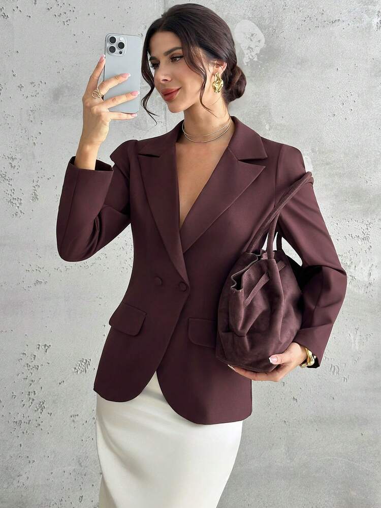 Firerie Women's Solid Color Lapel NeckLong Sleeve Double-Breasted Casual Blazer, Autumn - Burgundy - View 1