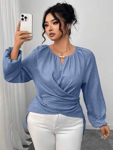 Elenzga 大码女式时尚优雅交叉裹身圆领衬衫 - 霧霾藍 - 查看 5