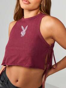 Missguided x Playboy Burgundy Sleeveless Tank With Bunny Rhinestone Print And Side Tie Details - Burgundy - View 5