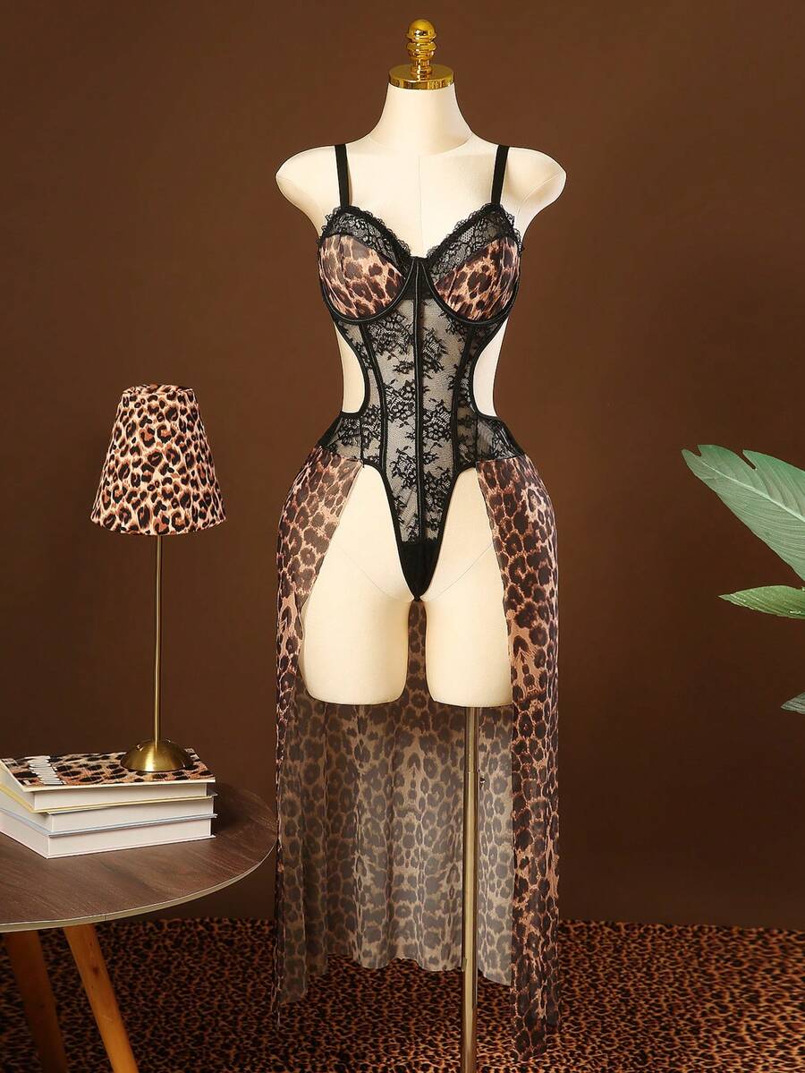 1 قطعة بدلة داخلية من الدانتيل والشبك بطبعة نمر للمقاسات الكبيرة