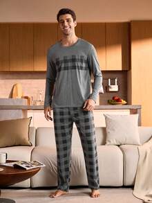 Manfinity Underwear&Sleepwear Basics 男士格子圆领长袖上衣和裤子睡衣套装，秋冬服装，圣诞节 - 深灰色 - 查看 3