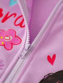 DORA | SHEIN Young Girl Cartoon Monkey & Dora Print Hooded Zip-Up Sweatshirt, Autumn/Winter - Purple - View 7