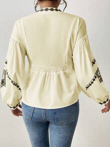 SHEIN LUNE Women's Shirred Graphic Print Long Sleeve Button Shirt Peplum Top - Light Yellow - View 2