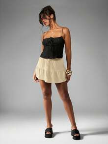 MISSGUIDED 分层亚麻迷你裙，腰部有抽绳，适合夏季海滩度假休闲装 - 奶油色 - 查看 4