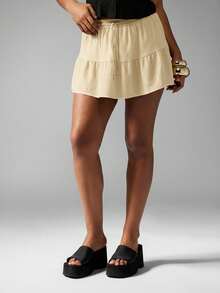 MISSGUIDED 分层亚麻迷你裙，腰部有抽绳，适合夏季海滩度假休闲装 - 奶油色 - 查看 5