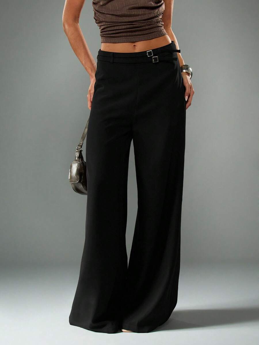 MISSGUIDED High Waisted Wide Leg Trousers With Buckle Belt Detail For Office Casual Wear