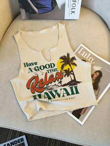 INAWLY 加大码椰子树和标语印花背心，适合夏季图案T恤，女式上衣 - 杏色 - 查看 5