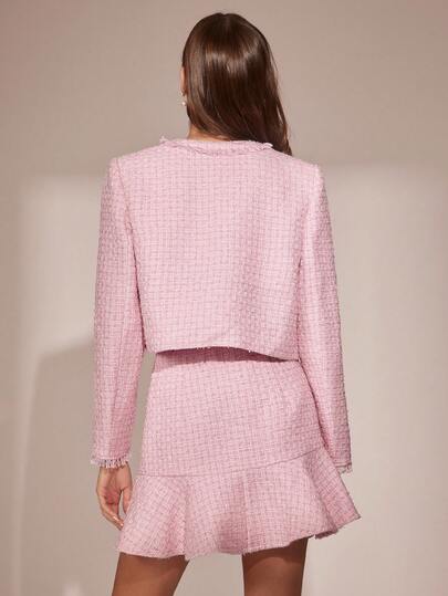 Enchnt Fall/Winter Romantic Women's Pink Pink Fancy Yarn Fringed Tweed Exquisite Pearl Buttons Decor Bowknot Tie Long Sleeves Princess Jacket,Chic & Elegant & Fashionable For Party & Date & Holiday & Graduation & Going Out & Halloween & Christmas,Autumn,New Years