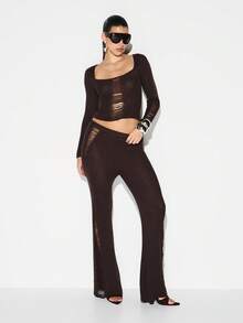 KIZN Ribbed Knit Long Sleeve Crop Top With Distressed Laddered Details Scoop Neckline Fashion