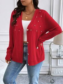 Vionelle Plus Size Women Long Sleeve Single-Breasted Partial Bubble Pearl Rhombus Texture Cardigan Red Blazer Women Red Cardigan Women Women Cardigan Women Blouses Long Sleeve Red Blouse Women Plus - Red - View 6