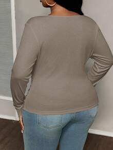 Slaydiva 大码休闲百搭白色修身深U领长袖T恤-C - 淺灰色 - 查看 2