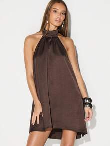 KIZN Halter Neck Backless Mini Dress Cowl Neckline Sleeveless Party Club Evening Dress - Brown - View 4