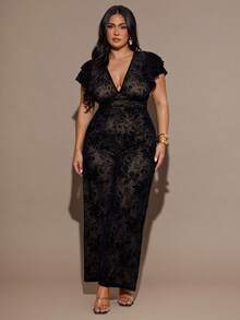 SHEIN BAE 加大码女式优雅大号花卉网眼印花紧身 V 领连衣裙，长款，合身，修饰手臂，适合日常、外出、约会、下午茶、度假、春夏季、返校季女式连体裤优雅女式正式、女式生日连体裤、连体裤 - 黑色 - 查看 5