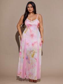 SHEIN BAE Romantic Vacation Boho Floral Mesh Print Patchwork Shell Ribbon Waist Maxi A-Line Long Dress - Multicolor - View 3