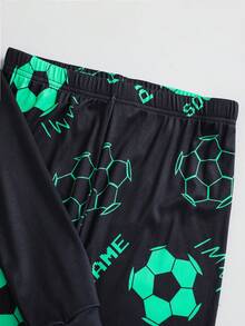 SHEIN 青少年男孩荧光印花足球图案撞色打底长袖 T 恤和裤子套装，紧身睡衣和家居服，休闲学院风，舒适实用，面料柔软，适合日常穿着和分层穿着，秋冬 - 黑色 - 查看 6