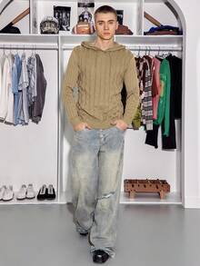 STEELVANCE 男士新款时尚纯色抽绳连帽毛衣，秋季 - 咖啡棕 - 查看 2