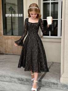 SHEIN Serisse Kids Váy ren đen dài tay cho bé gái tuổi teen, phù hợp cho những dịp trang trọng như dạ hội, tiệc tùng, ngày lễ và tiệc trà - màu đen - Xem 1