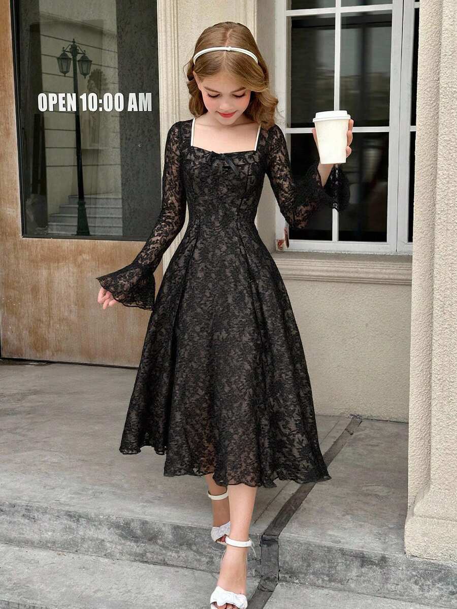 SHEIN Serisse Kids Váy ren đen dài tay cho bé gái tuổi teen, phù hợp cho những dịp trang trọng như dạ hội, tiệc tùng, ngày lễ và tiệc trà - màu đen - Xem 1