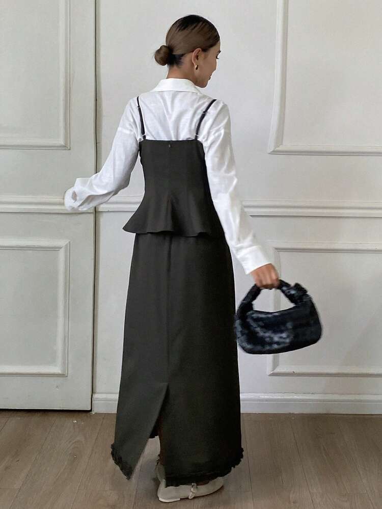 2pcs Women Solid Color Fitted Waist Flared Hem Spaghetti Strap Straight Skirt With Ruffle Hem Maxi Dress, Elegant Autumn/Winter Set