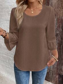 EMERY ROSE 女士纯色简约休闲圆领长袖衬衫 - 咖啡棕 - 查看 7