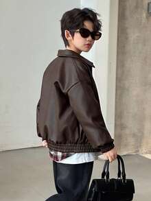 DAZY 青少年男孩纯色落肩长袖拉链宽松 PU 皮夹克，秋季