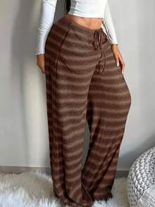 SHEIN SXY Quần ống rộng cạp thấp có dây rút, thoải mái, đơn giản dành cho nữ cỡ lớn, quần kẻ sọc, quần mặc nhà thoải mái. - màu nâu - Xem 7