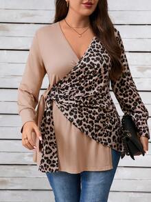 EMERY ROSE Plus Size Women V-Neck Long Sleeve Leopard Patchwork Casual Tie-Front Tunic Top - Khaki - View 6