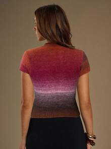 SHEIN BAE Áo len dệt kim tay ngắn thiết kế nút ombre dành cho nữ, mùa thu/đông - Đỏ - Xem 2