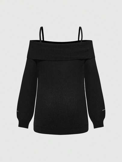 ROMWE Avant Pull ample en tricot jacquard à épaules dénudées avec lune et chat vintage pour femmes