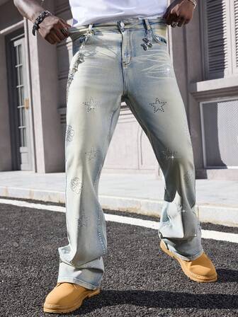 Street Life Jeans casual lavaggio chiaro con decorazioni in strass per uomo