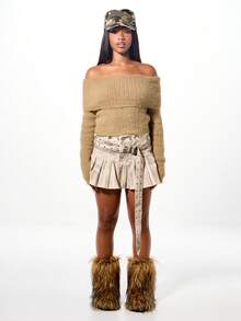 SUMWON WOMEN Off-Shoulder Langarm Strick-Oberteil, flauschig strukturierter Crop Pullover für Herbst und Winter, gemütlicher Pullover - Khaki - Übersicht 3
