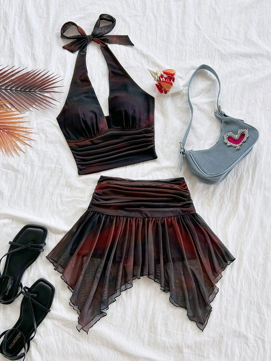 Soleia Women's 2-Piece Set, Casual Vacation Western Beach Wedding Guest Attire, Back To School, Graduation, Brunch, St. Patrick's Day, Spring Break, Easter, Music Festival, Elegant Bohemian Tropical Halter Tie Asymmetric Hem Brown Print, Autumn/Winter