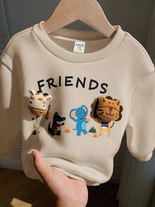 SHEIN 男婴可爱动物图案保暖圆领卫衣，舒适百搭休闲基础款套头衫，适合室内、室外、日常穿着、运动、玩耍、聚会、拍照、秋冬季度假等场合。