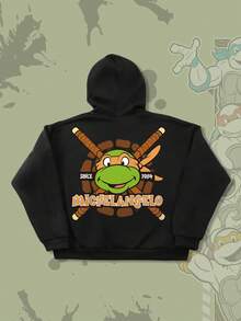 ROMWE MEN TEENAGE MUTANT NINJA TURTLES X ROMWE 男士休闲卡通印花拉链前抽绳连帽羊毛运动衫，秋冬 - 黑色 - 查看 2