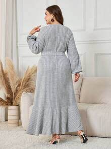 Lacomfia 大码女式针织长袖圆领休闲长裙，秋冬 - 灰色 - 查看 2