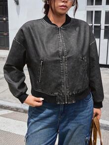 SHEIN EZwear Plus Size Vintage Loose PU Snowflake Bomber Jacket/Winter - Black - View 1