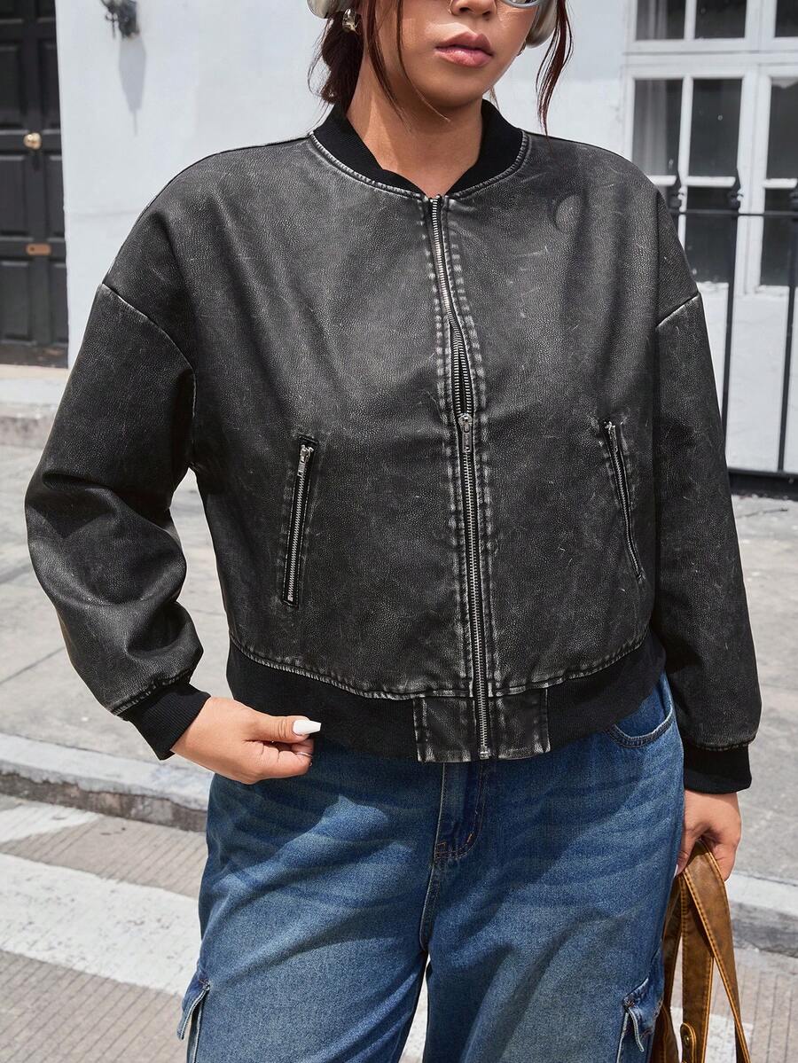 SHEIN EZwear Plus Size Vintage Loose PU Snowflake Bomber Jacket/Winter - Black - View 1