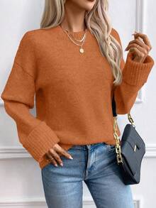 EMERY ROSE Women's Loose Fit Crew Neck Pullover Sweater With Ribbed Cuffs - Burnt Orange - View 7