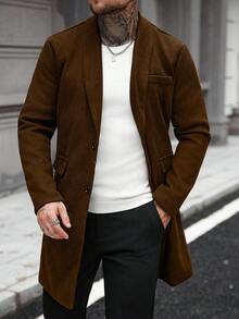 Manfinity Homme 男士纯色口袋纽扣长袖大衣，秋季男士棕色外套，休闲商务风，冬季款 - 棕色 - 查看 4
