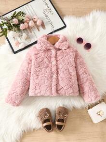 SHEIN Elladie kids Young Girl Fall Winter Button Up Flannel Coat - Pink - View 3