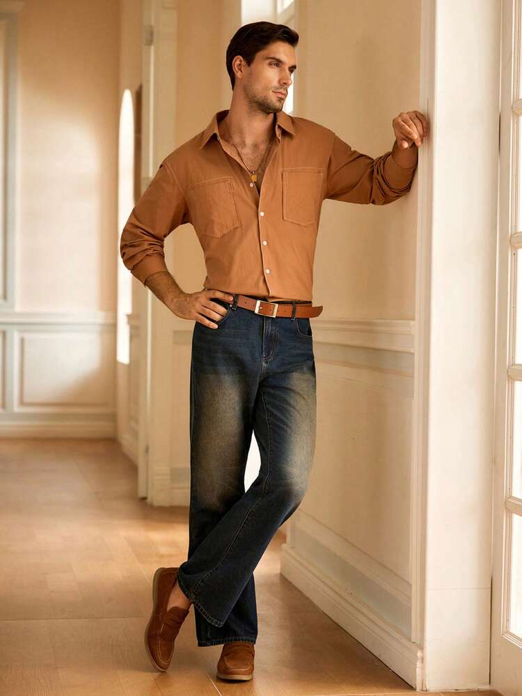 Manfinity VCAY Quần Jeans Denim Nam Họa Tiết Viền Cổ Điển - Màu xanh lam - Xem 7
