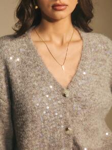 Poéselle 女式亮片拼布V领纽扣休闲长袖开衫 - 駝色 - 查看 3