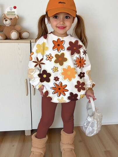 SHEIN Happikins 2pcs/Set Young Girl Casual Cute Colorful Floral Print Sweatshirt And Leggings Set, Suitable For Autumn/Winter Fall Toddler Girl Clothes Girls Autumn Clothes Fall Outfits For Kids Flower Set Summer Outfit Kids Fall Girl Clothes