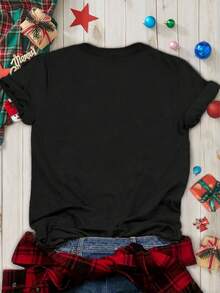 EMERY ROSE Plus Size Christmas Tree & Reindeer Rhinestone Long Sleeve V-Neck Tee Women Bling - الأسود - مشاهدة 2