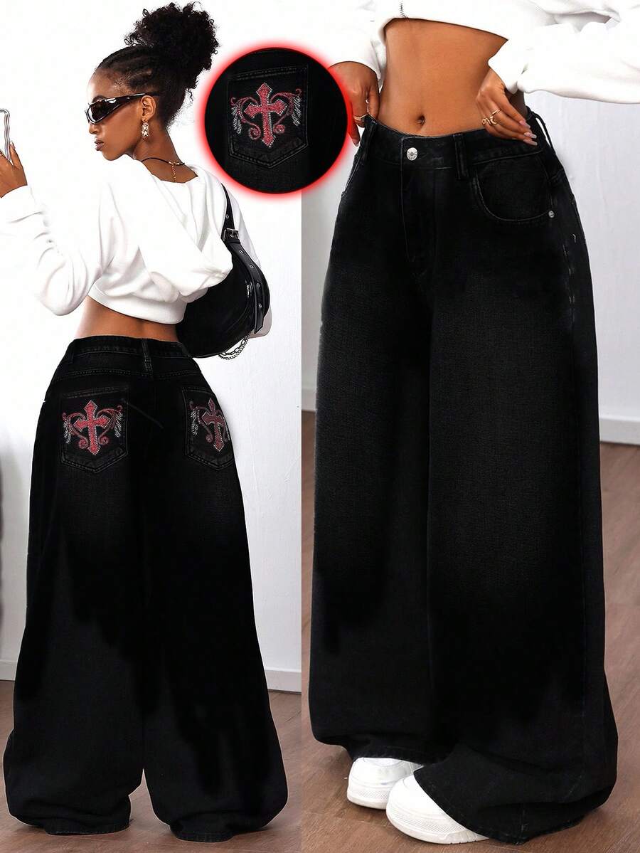 SHEIN ICON Jeans anchos y sueltos de mujer con bolsillo de cruz de rhinestone - Negro - Ver 1