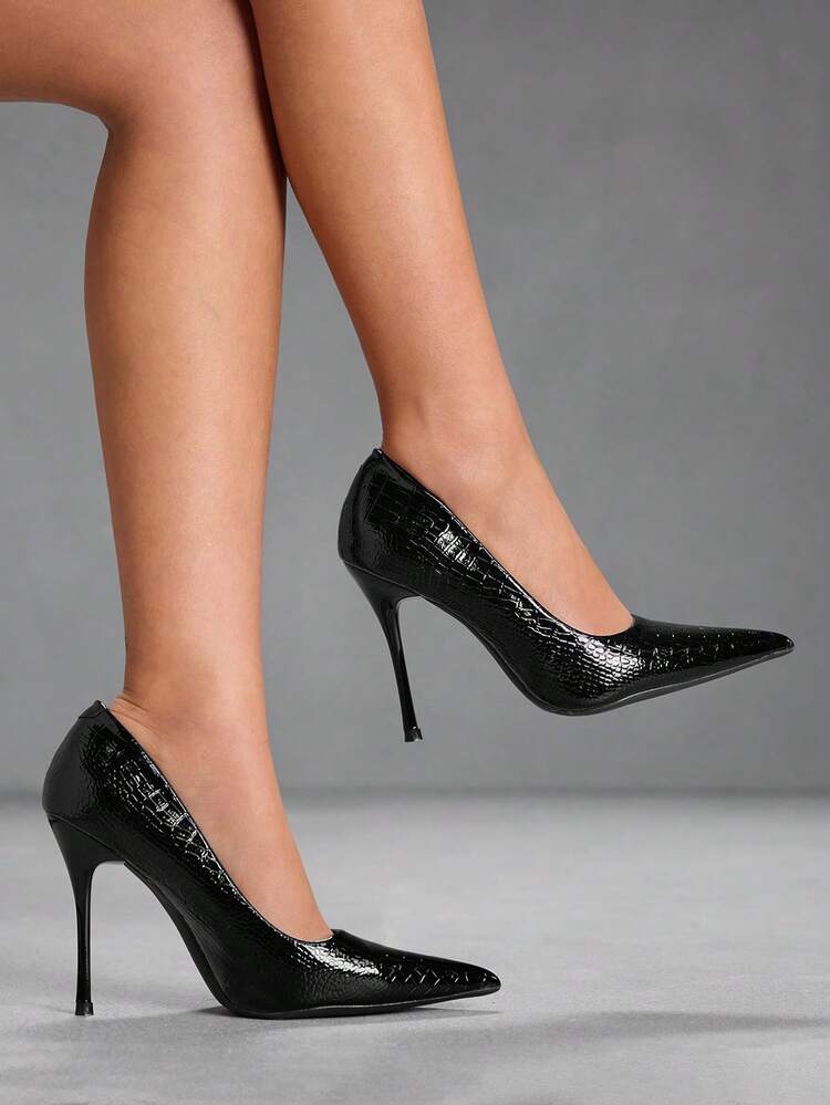 CUCCOO SZL Women's Fashion Black Stone Texture Pointed Toe Stiletto High Heel Pumps, Suitable For Commuting, Dating, Party, Vacation And Other Occasions For Christmas Spring Shoes